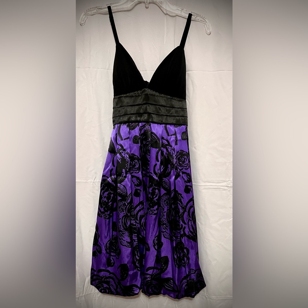 NWT BCX Dress-Purple& Black-Pleated Bubble-Hem Spaghetti Strap-w/Bow-Size 3